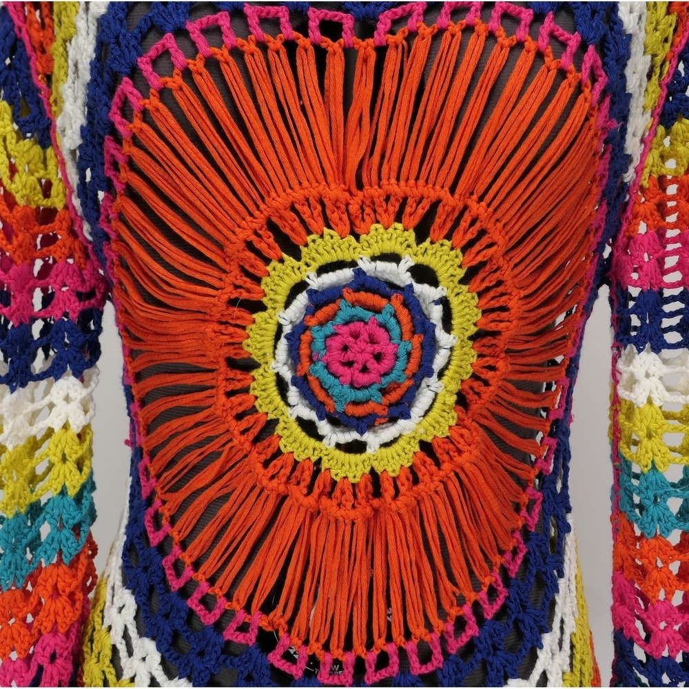 Crochet Tunic Mandala Sunburst Boho Festival Rainbow Knit Artisanal Beach Kaftan - Picture 5 of 9